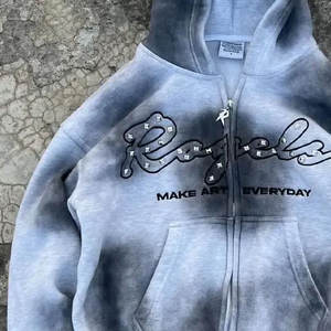 Sweat à capuche en molleton pour homme, style rétro streetwear, poids lourd, 100% coton, détails usés, fermetures éclair métalliques, broderie - Product Image 2