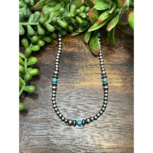 Navajo Strung Royston <b>Turquoise</b> & Sterling Silver Graduated <b>Beaded</b> Pearl Necklace - Product Image 1