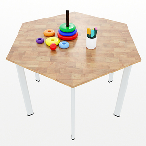 Hexagonal Modern <b>Wood</b> <b>Top</b> Rubber <b>Wood</b> <b>Table</b> with Oval Iron Legs for Home Office and Hotel Use-PSD029 - Product Image 1