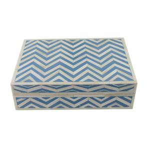 Boîte en os incrusté faite à la main - Motif géométrique en zigzag bleu et blanc, boîte de rangement décorative de luxe pour bijoux - Product Image 1