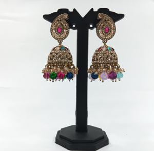 Pendientes Jhumka Vintage para Mujer, Pendientes Jhumka de Bollywood, Kundan Tradicional Indio, Chapado en Oro, Esmalte, Campanas Colgantes, Bodas - Product Image 1