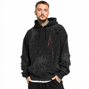 Oversized Distressed Embroidered Fleece Hoodie for <b>Men</b> Winter Baggy Pullover Windproof Eco-Friendly - Product Image 6