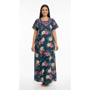 Camisón Largo Estampado Cómodo para Mujer, Marca Alpine, Tejido de Tela, Mangas Cortas, Largo Completo, con Bolsillo Lateral, Talla XL, para Uso Doméstico - Product Image 1