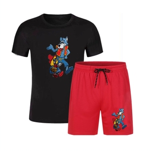 Ensemble décontracté d'été Hip Hop unique et simple pour hommes T-shirt en coton respirant avec short imprimé Motif tricoté respirant - Product Image 3