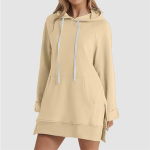 Robe à capuche imprimée pour femme, hiver, fente sur le bas, cordon de serrage, ample, grande poche, pull, longueur mi-longue, pour le travail, les rendez-vous, le sport, 100% - Product Image 4