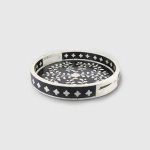 New Bone Inlay Mère Perle Plateau rond Bois Résine Métal Acrylique Marbre Plateau De Service PAR HF CRAFTS - Product Image 2