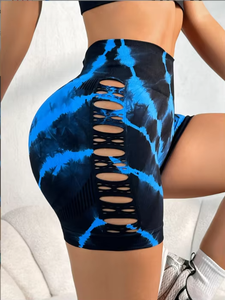 Pantalones cortos deportivos Tie-Dye para mujer Pantalones cortos de Yoga de tres cuartos para levantamiento de cadera de malla hueca - Product Image 5