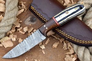 Cuchillo Bushcraft de Damasco hecho a mano, hoja fija de tamaño personalizado, Funda de cuero para caza al aire libre, cuerno de madera/hueso SK39, cuchillo de bolsillo - Product Image 2