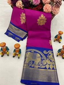 Saree de seda de algodón Colección de Sari indio elegante con borde Zari Perfecto para saris nupciales Fiesta de bodas Festival - Product Image 3