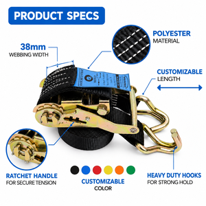 Sangle d'arrimage à cliquet 38 mm 1500 kg en polyester 1,5 pouces noire pour la sécurité et la fixation des charges de camions et remorques - Product Image 4