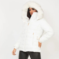 Chaqueta de Plumón para Mujer, Diseño Personalizado, Color Blanco, OEM, con Capucha de Piel Sintética, Cierre Completo y Acolchado, Chaqueta de Invierno