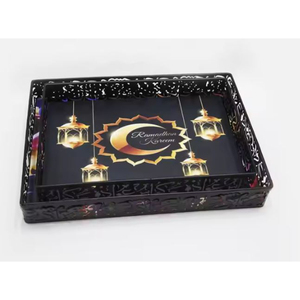 Plateau de design de découpe arabe rond élégant Plateaux de service de fête islamiques en métal Plateau de couleur or Plateau de nourriture Eid Mubarak - Product Image 3