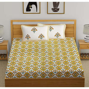 Juego de Sábanas King Size 100% Algodón, 6 Piezas, Estampado de Bloque de Mano, 300TC Flores Amarillas, Funda de Almohada Personalizada, Accesorio Liso para Cama Queen - Product Image 1