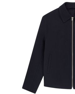 Veste classique en laine bleu marine à fermeture éclair avec col pointu et design minimaliste pour homme, vêtement d'extérieur décontracté d'hiver en bleu foncé - Product Image 2