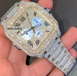 Montre chronographe de luxe entièrement sertie de moissanite, en or et argent bicolore, style hip-hop - Product Image 3