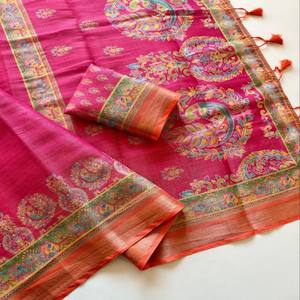 Sari de Seda VASTRA COTTAGE con Tejido Zari Puro, Bordado Jacquard Completo con Zari, Borde con Zari, Estampado Digital Kalamkari, Blusa - Product Image 4