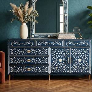 Mesa Auxiliar con Diseño Floral e Incrustaciones de Hueso, Mueble Multiusos con Cajón para Hogar, Sala de Estar, Hospital, Escuela, Apartamento, Uso en Comedor - Product Image 4