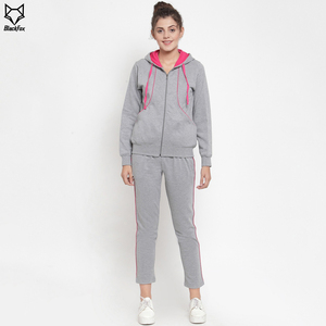 Conjunto Deportivo Gris para Mujer con Capucha y Ribete Rosa, Pantalones de Chándal Casuales con Cremallera de Manga Larga, Color Sólido, Transpirable, de Algodón, para Otoño - Product Image 5