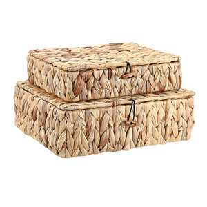 Boîte de rangement décorative rectangulaire avec couvercle, organisateur de maison, empilable, rangement plat, panier de rangement en jonc de jacinthe d'eau naturel - Product Image 5