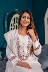 Celana lurus wanita, celana lurus Kurta renda rumbai kancing <span class=keywords><strong>Beed</strong></span> bordir & Ghera kasual dengan Dupatta - Product Image 2