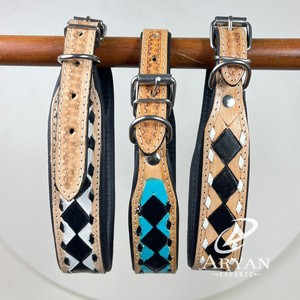 2025 New Checkered Pattern Hand Tooled Genuine Leather Dog Collar Wholesale Design Personalized Adjustable Durable Pet Collars - Product Image 1