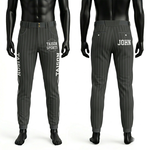 Pantalon de baseball pour homme en mélange polyester-spandex premium 260 GSM, gris, motif rayé, panneau latéral, logo imprimé personnalisé, coupe ajustée - Product Image 1