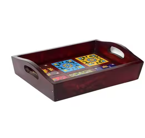 Hermosa bandeja de servicio de impresión de diseñador con acabado de impresión de madera al por mayor bandejas de té de madera de mango rectangulares a granel en competitivo - Product Image 2