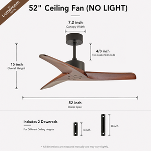 52 Inch 3 Blade Solid Wood Ceiling <b>Fan</b> Without Light <b>Remote</b> <b>Control</b> Reversible DC Motor for Bedroom Living Room - Product Image 6