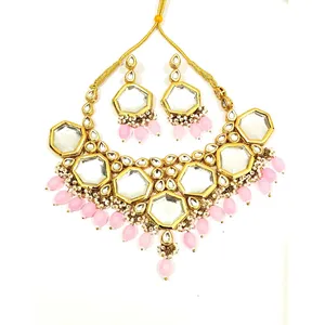 Ensemble de collier vintage plaqué or Meenakai Kundan avec perles roses et zircon, bijoux fins pour femmes, pour cadeau de mariage - Product Image 1
