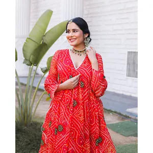 ชุดอาเรีย เรด บันดานี สไตล์ปากีสถาน บอลลีวูด ชุดพื้นเมืองสำหรับงานเทศกาล ผ้าชีฟอง ซาลวาร์ คามีซ ตัดเย็บสำเร็จ - Product Image 3