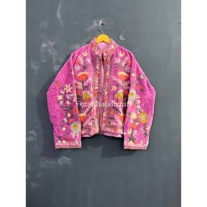 Chaqueta corta de fiesta hecha a mano para mujer abrigo en terciopelo melocotón Suzani bordado Floral hermosa tela de algodón para la temporada de otoño - Product Image 4