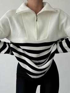 Suéter a rayas informal de gran tamaño para mujer, blusa con solapa y media cremallera, otoño 2024, nuevo suéter largo para mujer, negro - Product Image 3