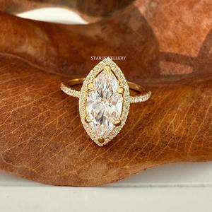 Bague de fiançailles en or massif 14 carats 2.50 ct CVD taille marquise IGI certifié diamant solitaire halo. - Product Image 2