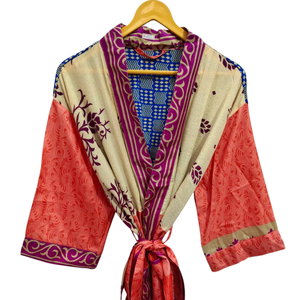 Túnica India Floral Seda Sari Kimono Vintage Sari Robe Suave Playa Fiesta Vestido Indio Hecho A Mano Seda Kimono - Product Image 1
