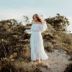 ชุดแม็กซี่เดรสแต่งงานเอวเอ็มไพร์ผูกเอวสไตล์โบฮีเมียนชุดเดรสชายหาดผ้าฝ้ายออร์แกนิกธรรมชาติสำหรับฤดูร้อนมีการตกแต่งด้วยลูกไม้ - Product Image 1