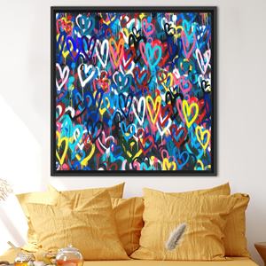 Elegante obra de arte impresa en lienzo con corazones coloridos de Banksy, plana y vibrante, con marco negro - Product Image 1
