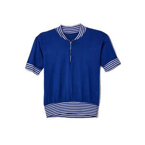Bleu zip up vintage rétro vêtements de sport rayure coton t-shirt demi fermeture éclair écologique deux tons rayé garnitures lâche t-shirt 2025 - Product Image 2