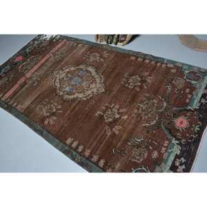 Alfombra turca Vintage verde marrón clásica 4,5X8,8 pies Patchwork lana látex respaldo Rectangular pasillo para cabecera 4m alfombra de noche - Product Image 4