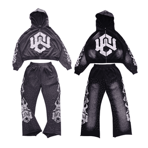 Broderie personnalisée lavage à l'acide fermeture éclair en détresse 500 Gsm coton éponge français à capuche pantalon de survêtement évasé sueur 100% coton hiver - Product Image 2