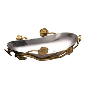 Luxury Metal Decorative Serving <b>Bowl</b> Handcrafted <b>Silver</b> Finish Fruit <b>Bowl</b> With Elegant Gold Floral Branch Accents Home Decor - Product Image 5