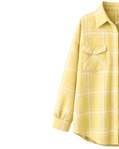 Camisa Oversize de Franela a Cuadros para Mujer, Amarilla, Manga Larga, Casual, con Bolsillos, Suave, para Otoño e Invierno, Venta al por Mayor - Product Image 3