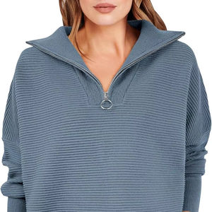 Pull à col zippé pour femme, tricot côtelé doux, coupe ample, manches longues, haut décontracté pour l'automne et l'hiver, vente en gros personnalisée - Product Image 1
