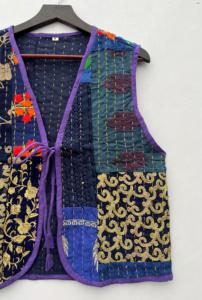 Handmade <b>Women's</b> <b>Knitted</b> Patchwork Cotton Kantha Puffer <b>Vest</b> V-Neck Short Winter Jacket Embroidery Streetwear Style Logo - Product Image 2