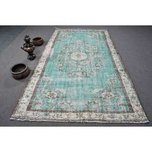 Alfombra turca vintage de 5,2x8,9 pies, tejido plano de lana verde Beige con diseño de retazos, estilo Aubusson para decoraciones de sala de estar - Product Image 1