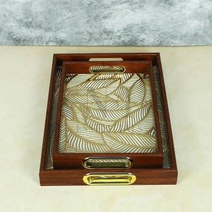 Mango/Acacia Wood Rectangle Tray Printed Enamel with Gold Plated Metal Handles Vintage <b>Fancy</b> New Hot Design Wooden Trays - Product Image 1