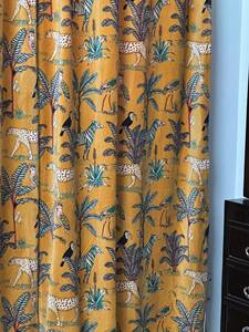 Rideau en velours style vintage jaune moutarde imprimé jungle, draperies de décoration intérieure en coton de luxe, velours de coton style vintage - Product Image 5