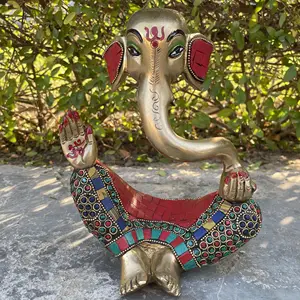 Современная скульптура Ганеша, слон, лицо, статуя бога, религиозный домашний декор, идол, изготовленный из латуни с камнем