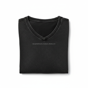 T-shirt col en V en coton lavé coupe ajustée pour homme, noir, vente en gros, commande en vrac, OEM, marque privée - Product Image 6