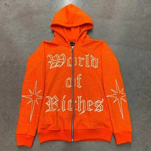 Men's Heavyweight Cotton French Terry <b>Hoodie</b> with Customizable <b>Oversized</b> Design and Rhinestone Zip Embroidery for Spring - Product Image 3