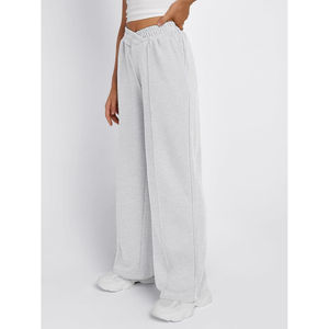 Pantalones largos de pierna ancha de algodón tejido de Color sólido a la moda de cintura alta para mujer, pantalones de suéter sueltos con dos bolsillos laterales - Product Image 1